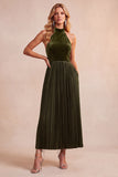 Robe de fête de fête midi plissée en velours noir en ligne A avec poches
