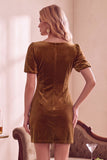 Robe courte de fête de fête courte en velous en velours vert foncé à col en V à manches courtes, courte robe de fête avec nœud