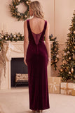 Robe longue de fête de fête en velut en velut bourgogne en fourreau en dentelle bateau