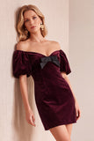 Bodycon en velours bourgogne à manches bouffantes à manches bouffantes courte robe de fête avec nœud