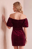 Bodycon en velours bourgogne à manches bouffantes à manches bouffantes courte robe de fête avec nœud