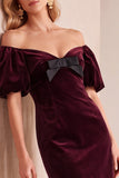Bodycon en velours bourgogne à manches bouffantes à manches bouffantes courte robe de fête avec nœud