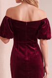 Bodycon en velours bourgogne à manches bouffantes à manches bouffantes courte robe de fête avec nœud