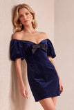 Bodycon en velours bourgogne à manches bouffantes à manches bouffantes courte robe de fête avec nœud