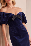 Bodycon en velours bourgogne à manches bouffantes à manches bouffantes courte robe de fête avec nœud
