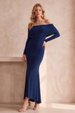Robe longue d’invité de mariage sirène bleu foncé à manches longues froncées