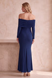 Robe longue d’invité de mariage sirène bleu foncé à manches longues froncées