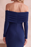 Robe longue d’invité de mariage sirène bleu foncé à manches longues froncées