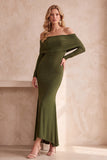 Robe longue d’invité de mariage sirène bleu foncé à manches longues froncées