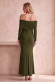 Robe longue d’invité de mariage sirène bleu foncé à manches longues froncées