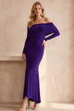 Robe longue d’invité de mariage sirène bleu foncé à manches longues froncées