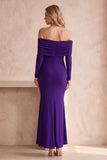Robe longue d’invité de mariage sirène bleu foncé à manches longues froncées