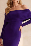 Robe longue d’invité de mariage sirène bleu foncé à manches longues froncées