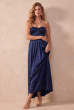 Robe longue de mariage noire en satin A, sans bretelles et froncées, longue robe d’invité