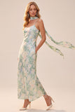 Robe longue invitée de mariage à bretelles fines imprimées vert clair avec poches