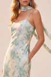Robe longue invitée de mariage à bretelles fines imprimées vert clair avec poches