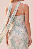 Robe longue invitée de mariage à bretelles fines imprimées vert clair avec poches