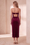 Robe de fête de fête Midi découpée en velours bourgogne bodycon découpe bretellée avec nœud