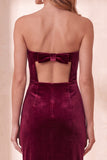 Robe de fête de fête Midi découpée en velours bourgogne bodycon découpe bretellée avec nœud