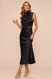 Robe midi sans manches à col cowl à étui café avec dendelle