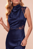 Robe midi sans manches à col cowl à étui café avec dendelle