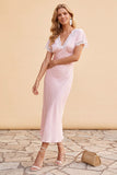 Robe de fête de fête midi à manches en V à fourreau à blush avec dentelle