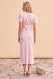 Robe de fête de fête midi à manches en V à fourreau à blush avec dentelle