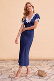 Robe de fête de fête midi à manches en V à fourreau à blush avec dentelle