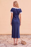 Robe de fête de fête midi à manches en V à fourreau à blush avec dentelle