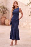 Robe de mariage midi sans manches en dentelle de sirène bleu foncé avec poches