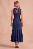Robe de mariage midi sans manches en dentelle de sirène bleu foncé avec poches