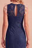Robe de mariage midi sans manches en dentelle de sirène bleu foncé avec poches