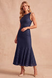 Robe midi de mariage midi à col rond et volants bleu foncé avec dentelle