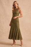 Robe midi de mariage midi à col rond et volants bleu foncé avec dentelle