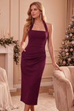 Robe de mariage Bordeaux Bodycon Bodycon Twiner Midi Midi Invitée avec poches