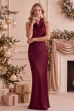 Robe de cérémonie bourgogne en satin, coupe sirène, à encolure tour de cou, à col bénitier, longue
