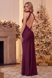 Robe de cérémonie bourgogne, à encolure tour de cou, coupe fourreau, en satin, à col bénitier, dos nu, longue, avec dentelle