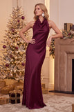 Robe de cérémonie bourgogne, à encolure tour de cou, coupe fourreau, en satin, à col bénitier, dos nu, longue, avec dentelle