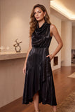 Robe de cocktail midi noire ligne A, à col bénitier, longueur asymétrique et avec poches