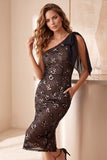 Robe de cocktail midi café à paillettes, coupe fourreau, à une épaule et avec noeud