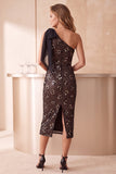 Robe de cocktail midi café à paillettes, coupe fourreau, à une épaule et avec noeud