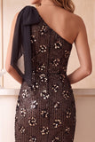 Robe de cocktail midi café à paillettes, coupe fourreau, à une épaule et avec noeud