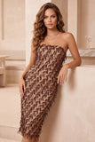 Robe de cocktail midi café scintillante, moulante, sans bretelles, à paillettes et franges