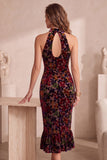 Robe en velours midi bourgogne à col montant, coupe sirène et à volants