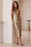 Robe de cocktail midi champagne coupe fourreau, à encolure tour de cou, métallisée et à découpes