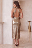 Robe de cocktail midi champagne coupe fourreau, à encolure tour de cou, métallisée et à découpes