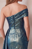 Robe de cocktail midi bleu ardoise métallisée, asymétrique, à une épaule, moulante, froncée et avec poches