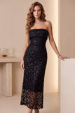Robe de cocktail midi noire coupe fourreau, sans bretelles, à paillettes et en dentelle