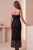 Robe de cocktail midi noire coupe fourreau, sans bretelles, à paillettes et en dentelle