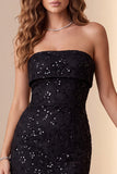 Robe de cocktail midi noire coupe fourreau, sans bretelles, à paillettes et en dentelle